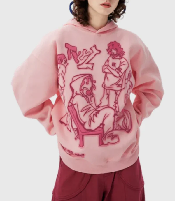 Pink Cartoon Print Oversized Hoodie